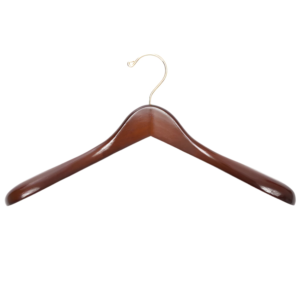 A tailor-made Luxury Wooden Jacket Hanger provided by KirbyAllison.com, providing essential support for luxury jackets, set against a white background.