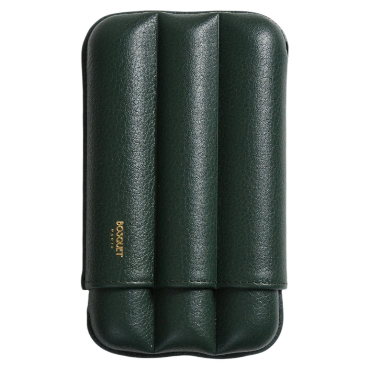 A green leather Bosque cigar case on a white surface.