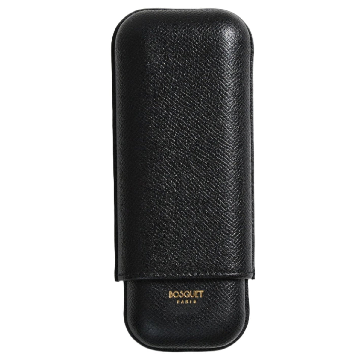 A Bosque Smooth Black Leather Cigar Case on a white wall in France.