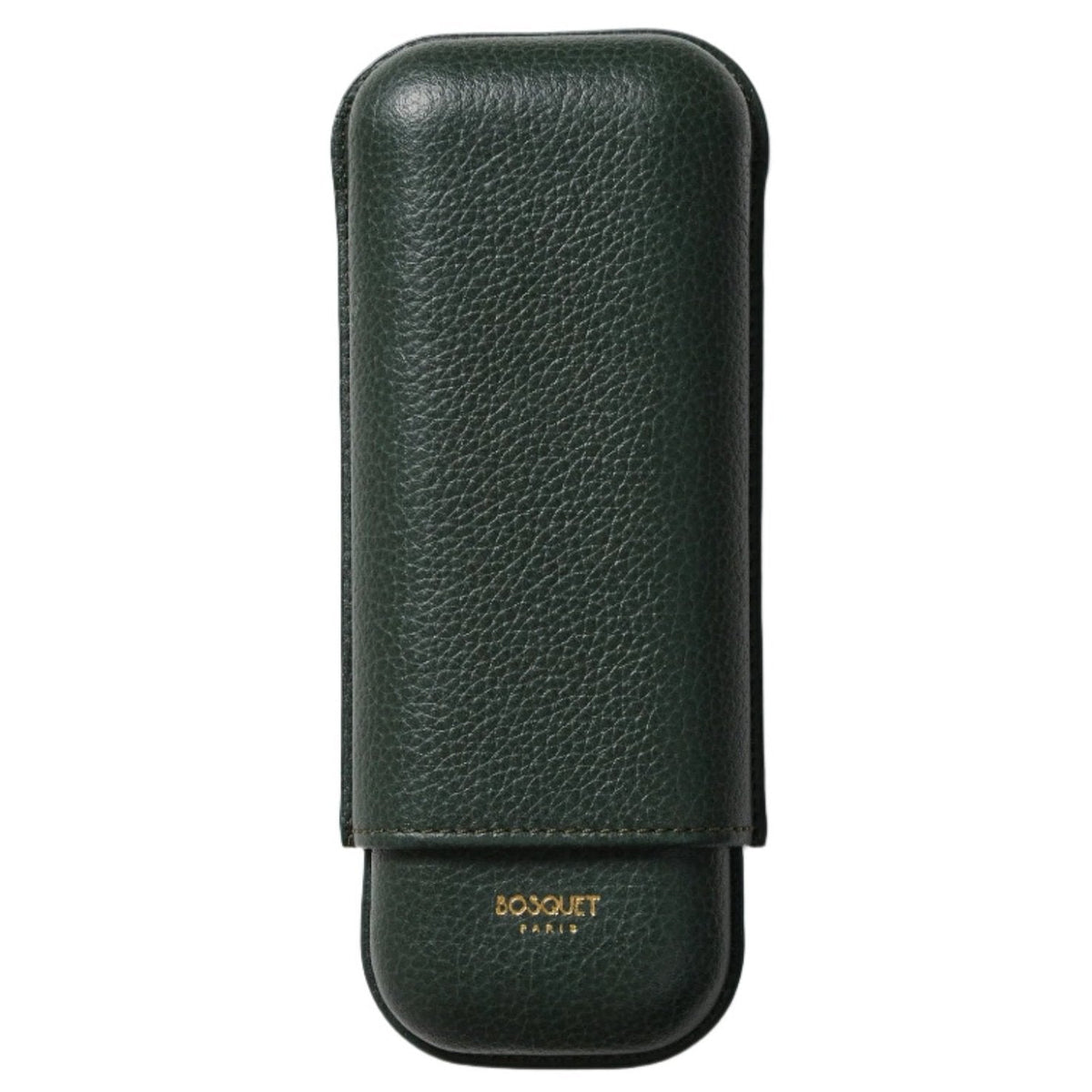 A Bosque Smooth Forest Green Leather Cigar Case for transporting cigars on a white surface.
