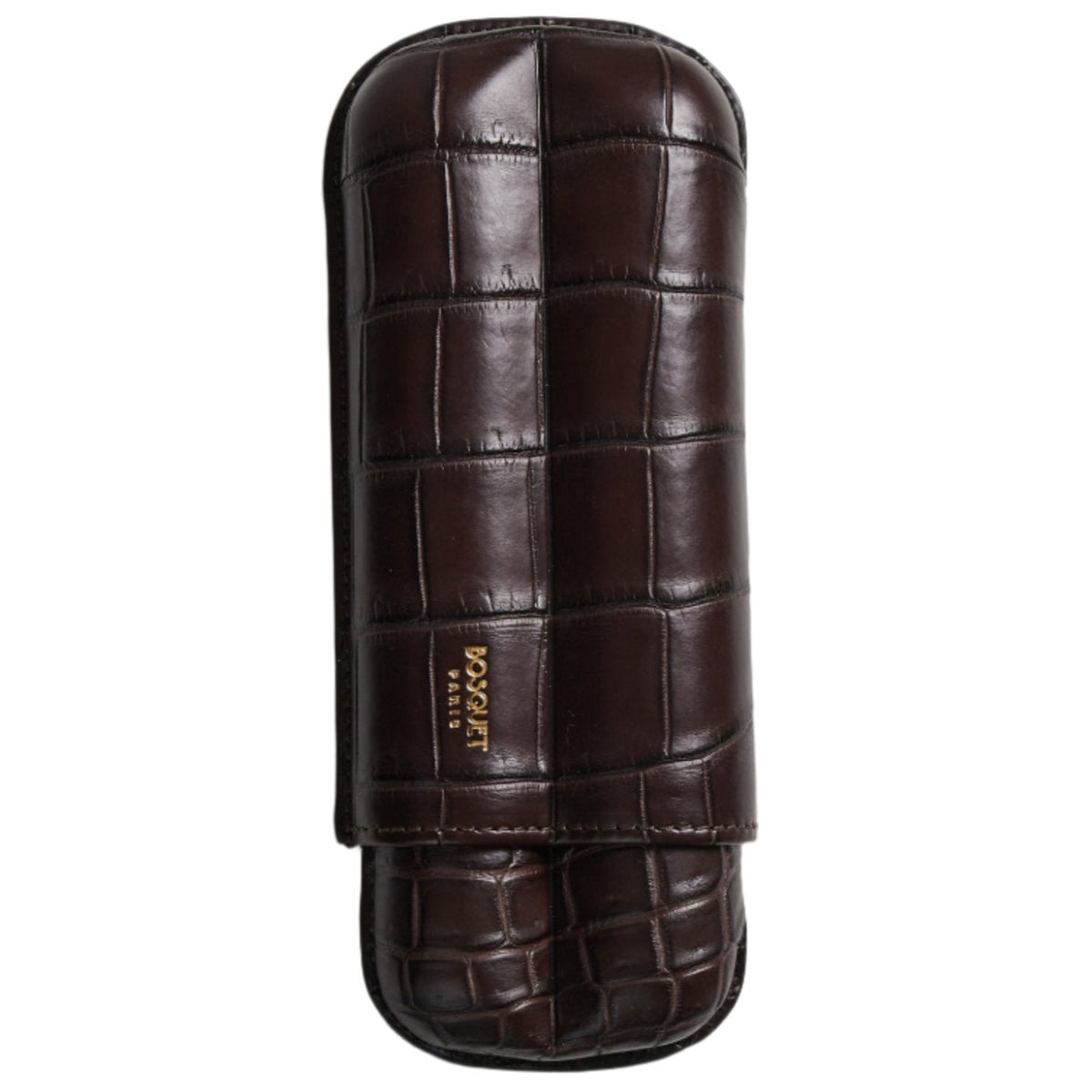 A Bosque Bosquet Crocodile Cigar Case, Dark Brown featuring five different layers on a white surface.