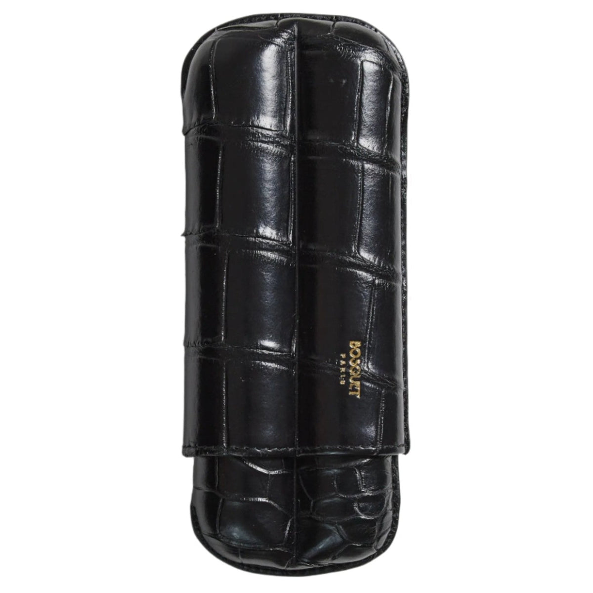 A black Bosque Crocodile Cigar Case with gold writing, perfect for transporting your cigars.