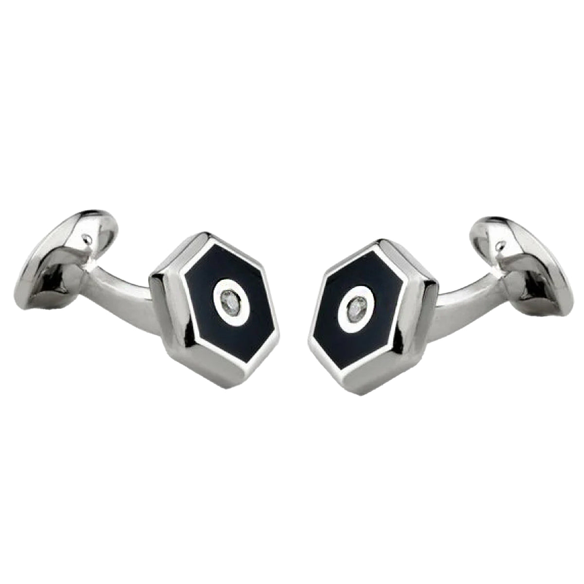 Deakin & Francis Onyx and Diamond Hexagonal Sterling Silver Cufflinks