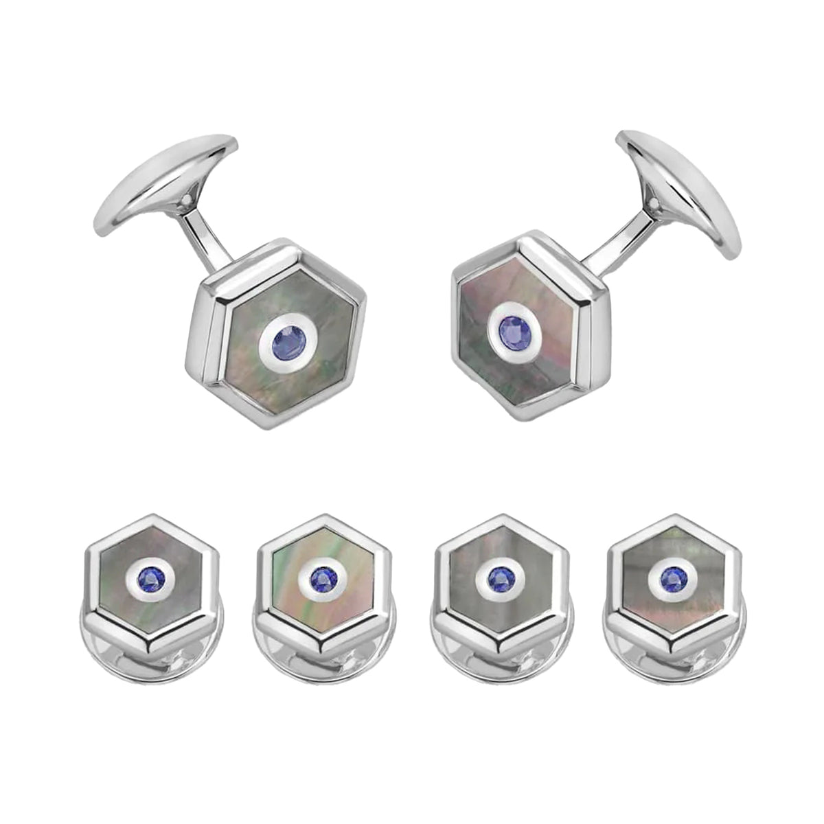 Deakin & Francis Hexagonal Grey Mother-Of-Pearl And Sapphire Sterling Silver Dress Set