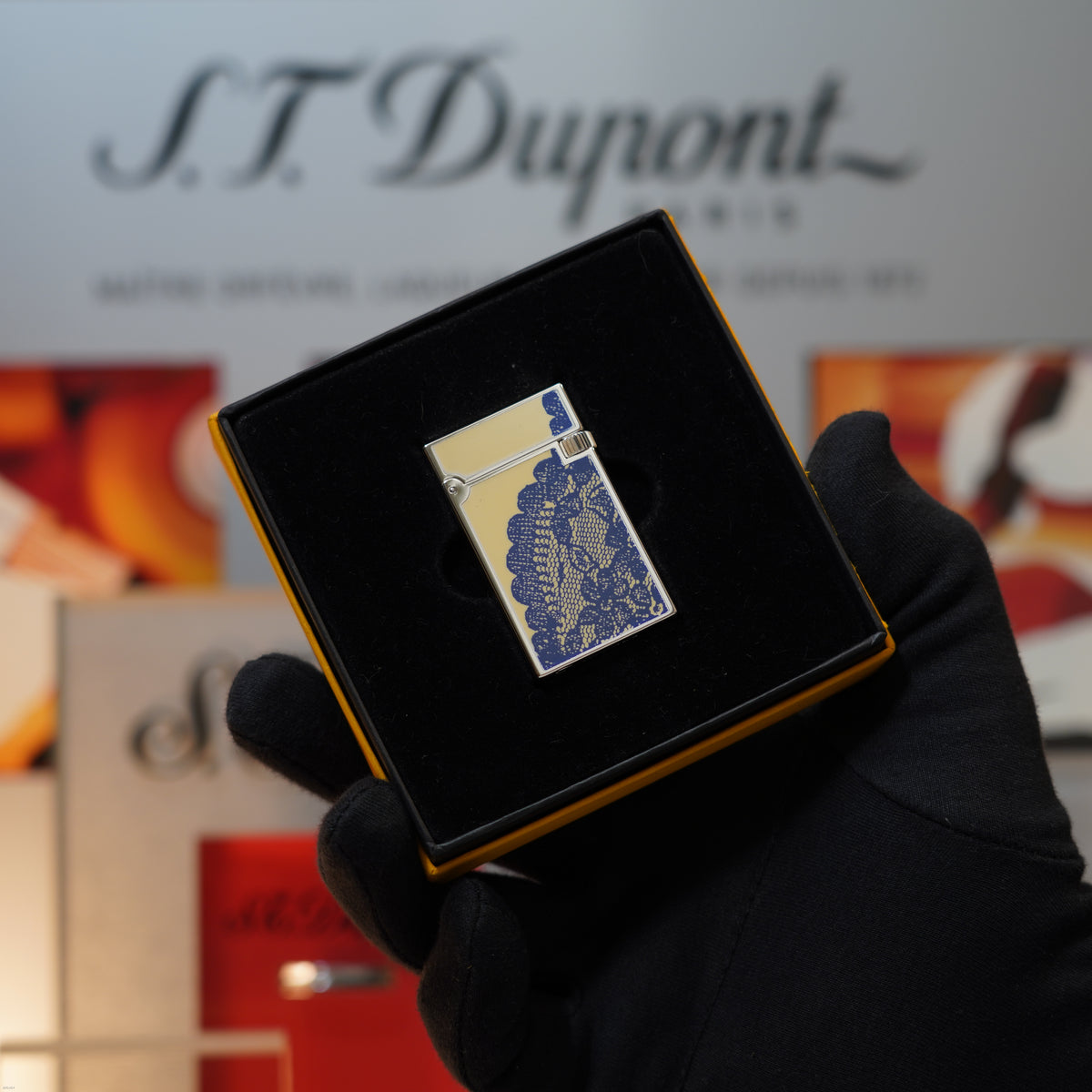 Vintage March 1996 S.T. Dupont “Fantasia” Limited Edition Heavy Platinum Blue‑White yellow Lace Motif Natural Lacquer Lighter