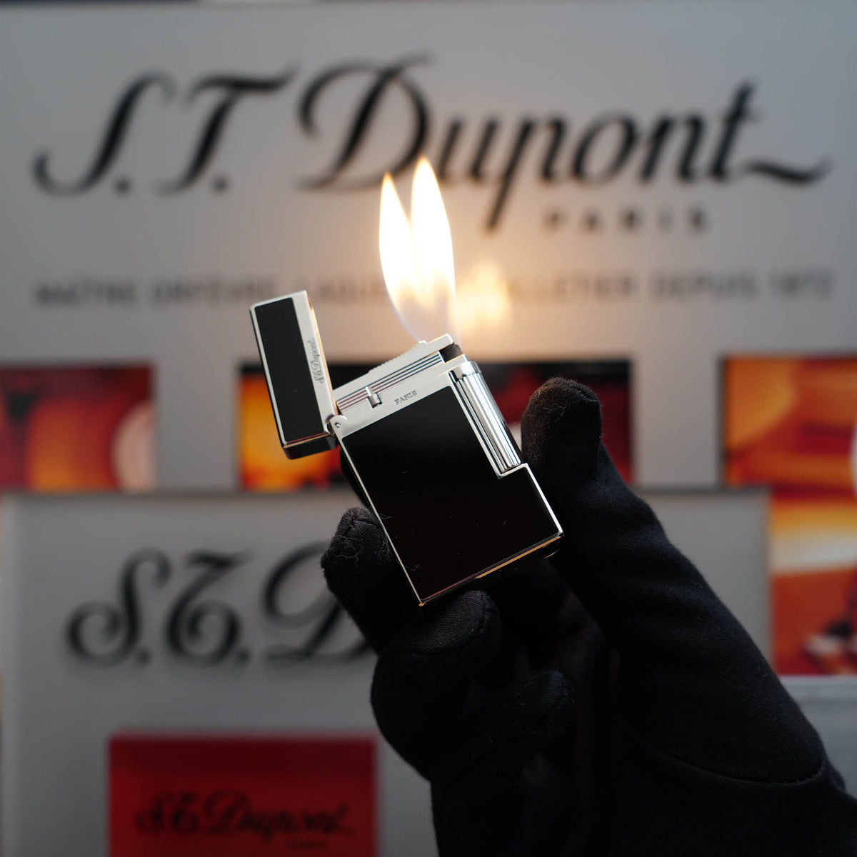 Vintage 1990 St Dupont Montparnasse Large Double flame Platinum Latural Black Lacquer Ligne 2 Lighter