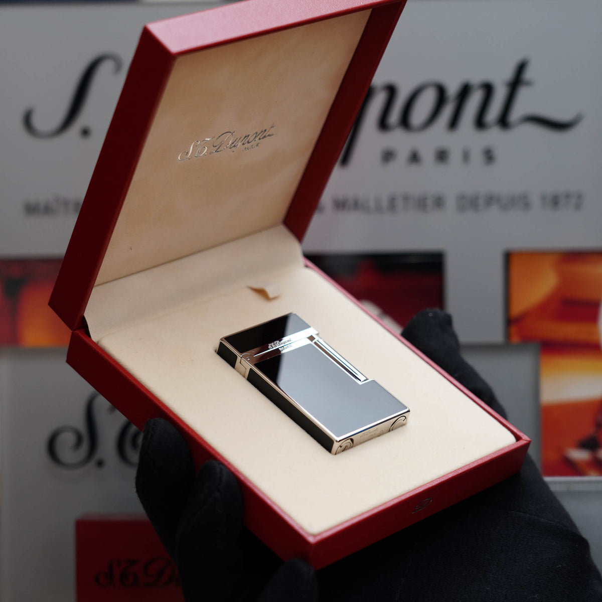 Vintage 1990 St Dupont Montparnasse Large Double flame Platinum Latural Black Lacquer Ligne 2 Lighter