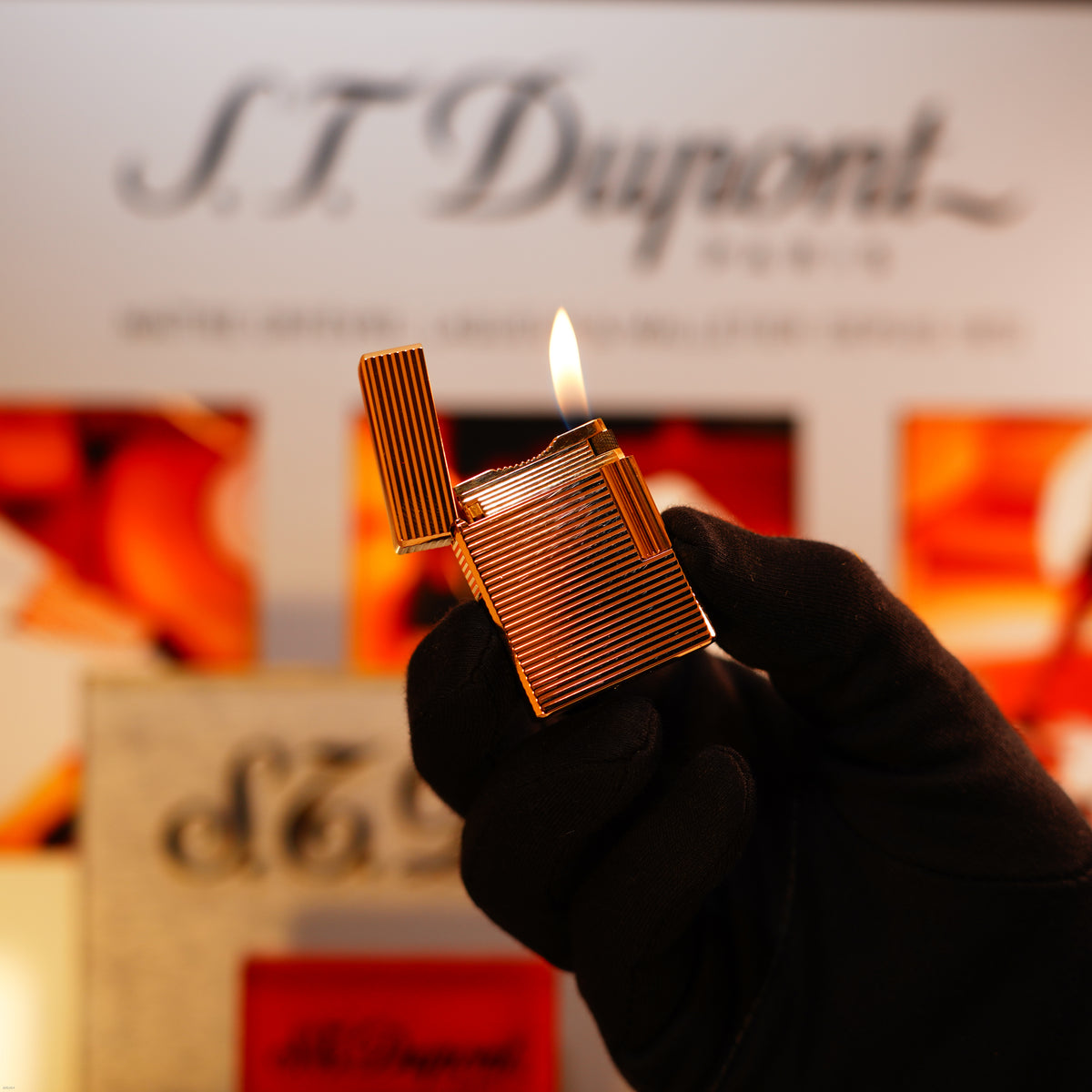 Vintage 1960 S.T. Dupont Ligne 1 Small Lighter – Heavy Gold‑Finish Horizontal‑Line Pattern, Early Production with Box & Papers