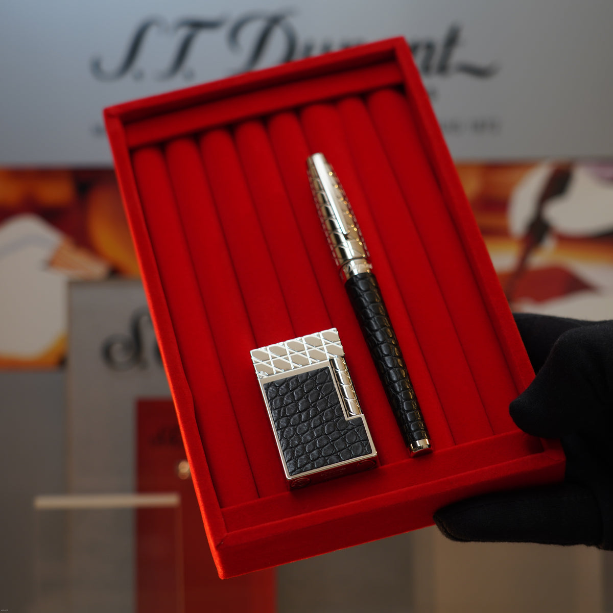 Vintage 1990 S.T. Dupont Black Real Rare Black Alligator Havane Palladium Large Ligne 2 Lighter & Fountain Pen Set Loud Clink Sound