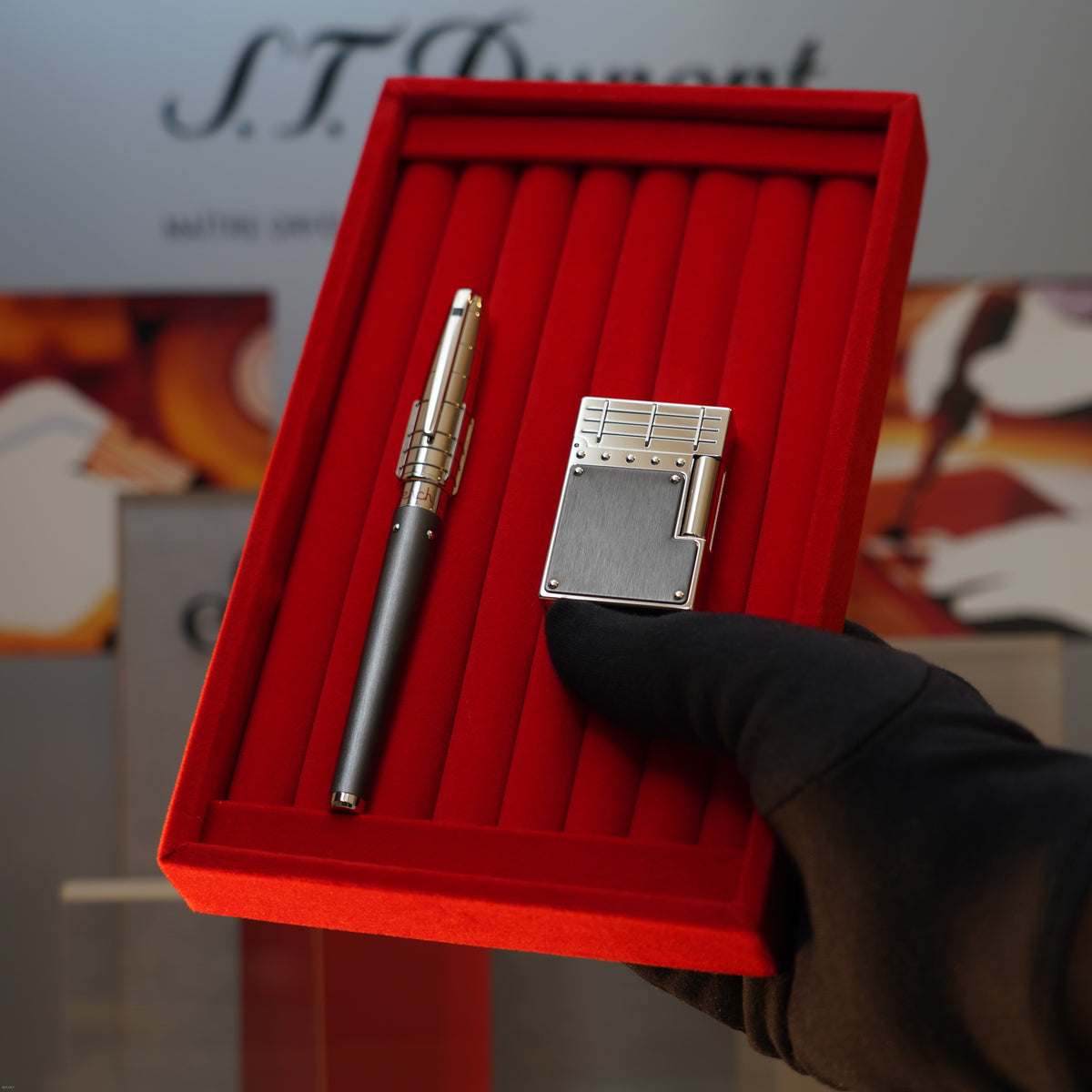 Vintage 2007 S.T. Dupont French Line Limited Edition Black Steel Heavy Platinum Ligne 2 Gatsby Lighter & Fountain Pen Set Clink Sound