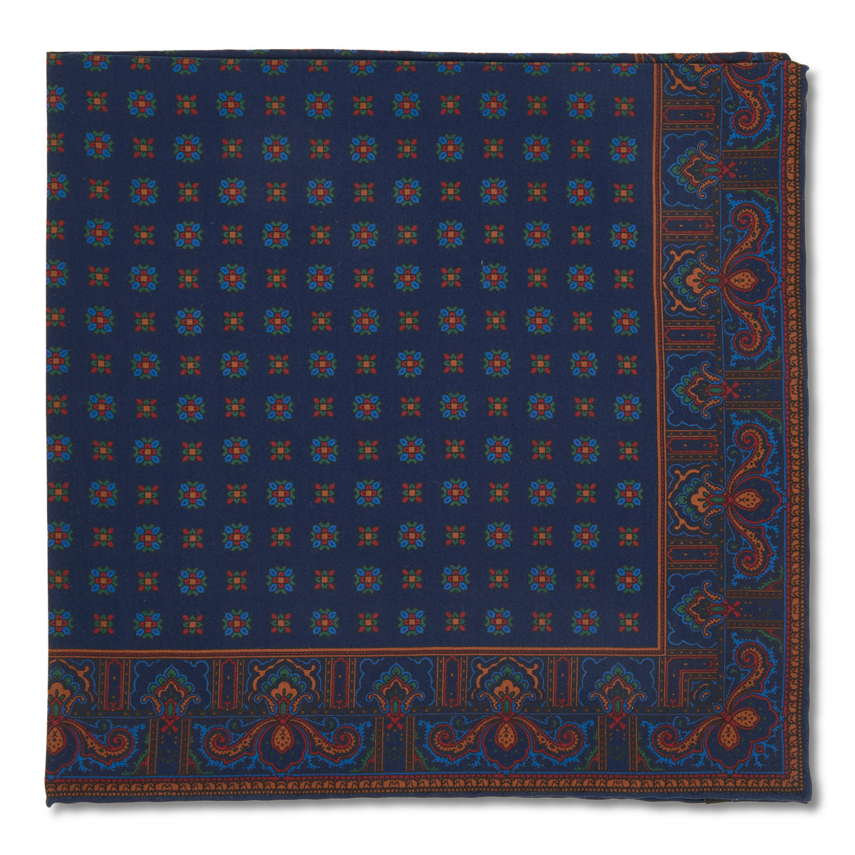 Sovereign Grade Ancient Madder Blue & Orange Mixed Floret Pocket Square