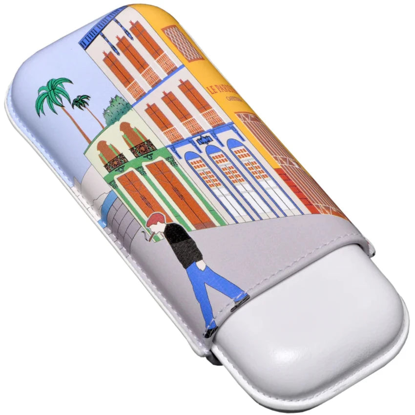 An Elie Bleu "Casa Cubana" 2 Cigar Case with a picture of a man walking down a street in Cuba.