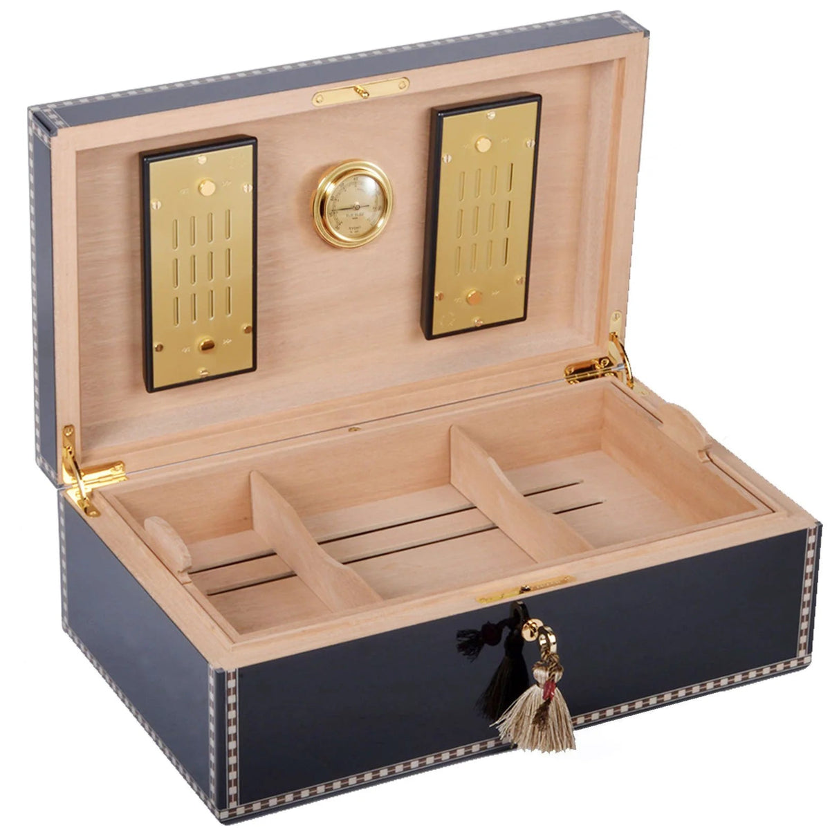 An Elie Bleu Black Sycamore "Medals" humidor adorned with a tassel, designed to store cigars.
