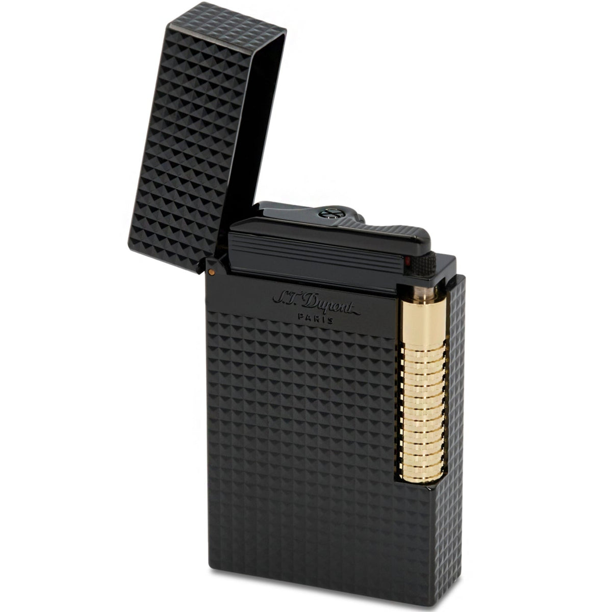 Black textured lighter with gold accent on a white background