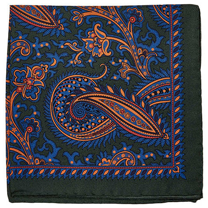 The Sovereign Grade 100% Silk Large Paisley Forest Pocket Square from KirbyAllison.com features luxurious silk fabric adorned with a bold large paisley pattern in rich forest green, perfect for adding an elegant touch to any outfit.