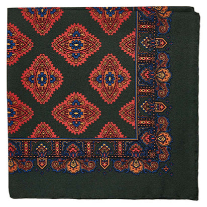 A tailor-made Sovereign Grade 100% Silk Green Medallion Pocket Square from KirbyAllison.com, featuring a luxurious silk texture and vibrant green medallion design, set against a white background.