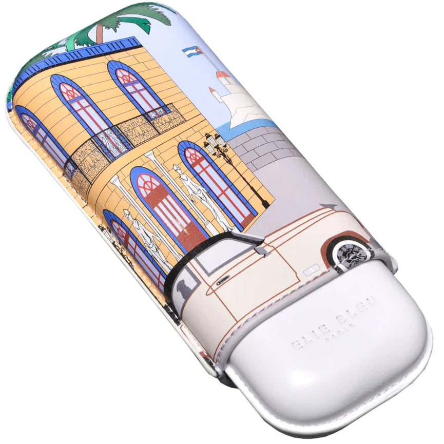 An Elie Bleu "Casa Cubana" 2 Cigar Case with a picture of a car on it.