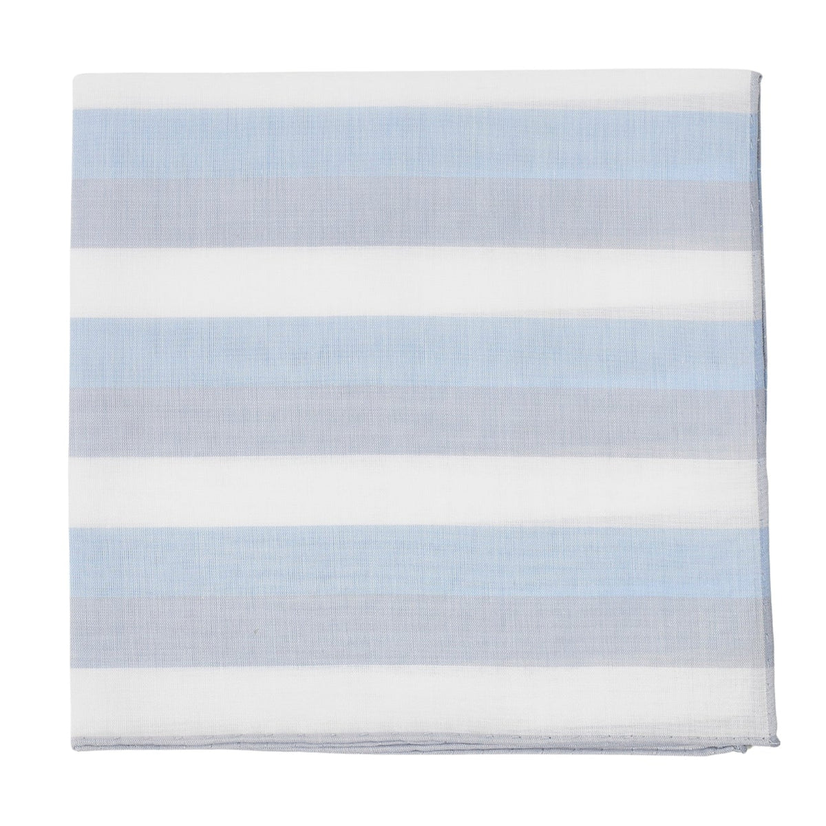 A white, blue, and grey striped cotton pocket square by Simonnot Godard.