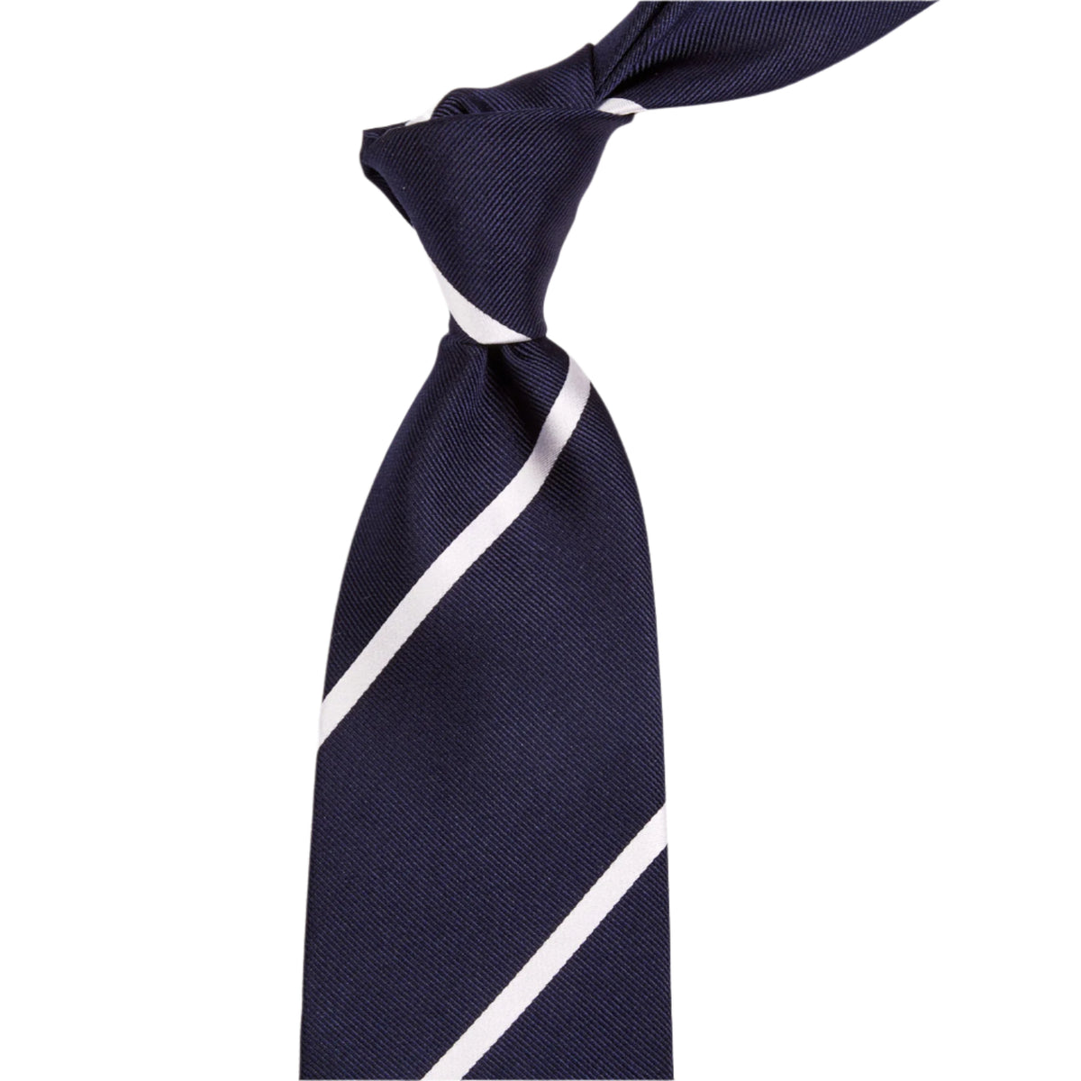 A navy necktie with white stripes, displayed on a plain background.