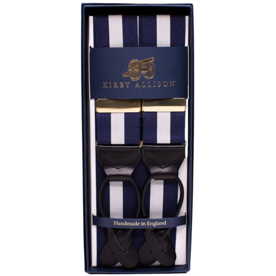 A pair of navy and white KirbyAllison.com Sovereign Grade Navy-Silver Braces, adjustable back, in a box.