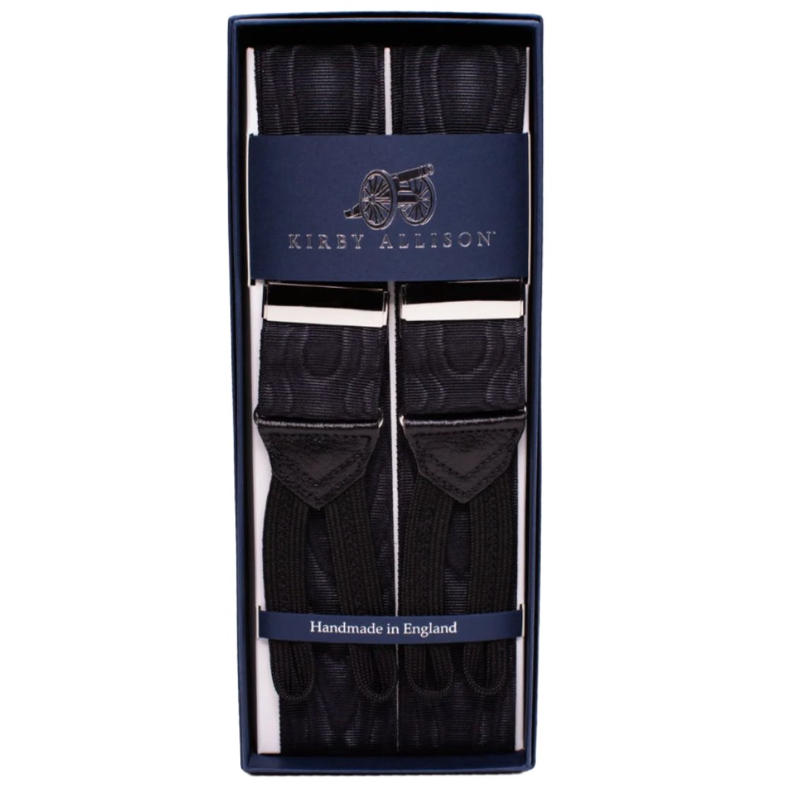 A pair of Sovereign Grade Black Moire Braces (Silver) with adjustable back and leather ends, in a box from KirbyAllison.com.