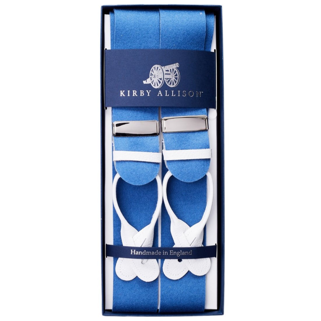 A blue and white Sovereign Grade Saxe Boxcloth Braces suspender in a KirbyAllison.com box.