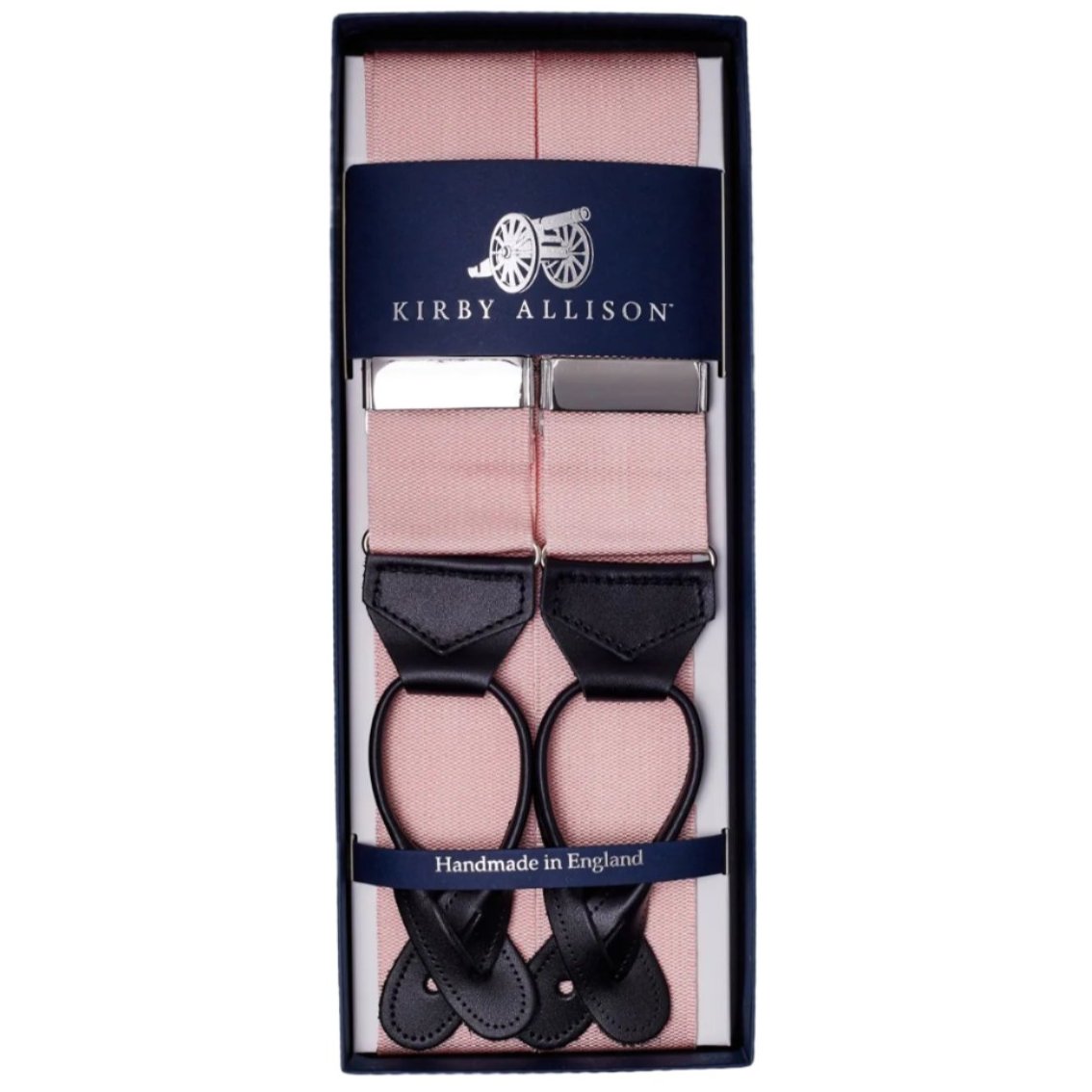 A pair of Sovereign Grade Solid Hydrangea Pink Braces by KirbyAllison.com in a box.