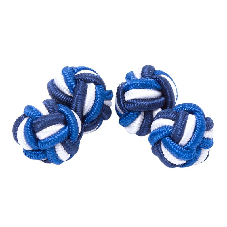 Three Tri-Colored Knot Cufflinks from KirbyAllison.com on a white surface.