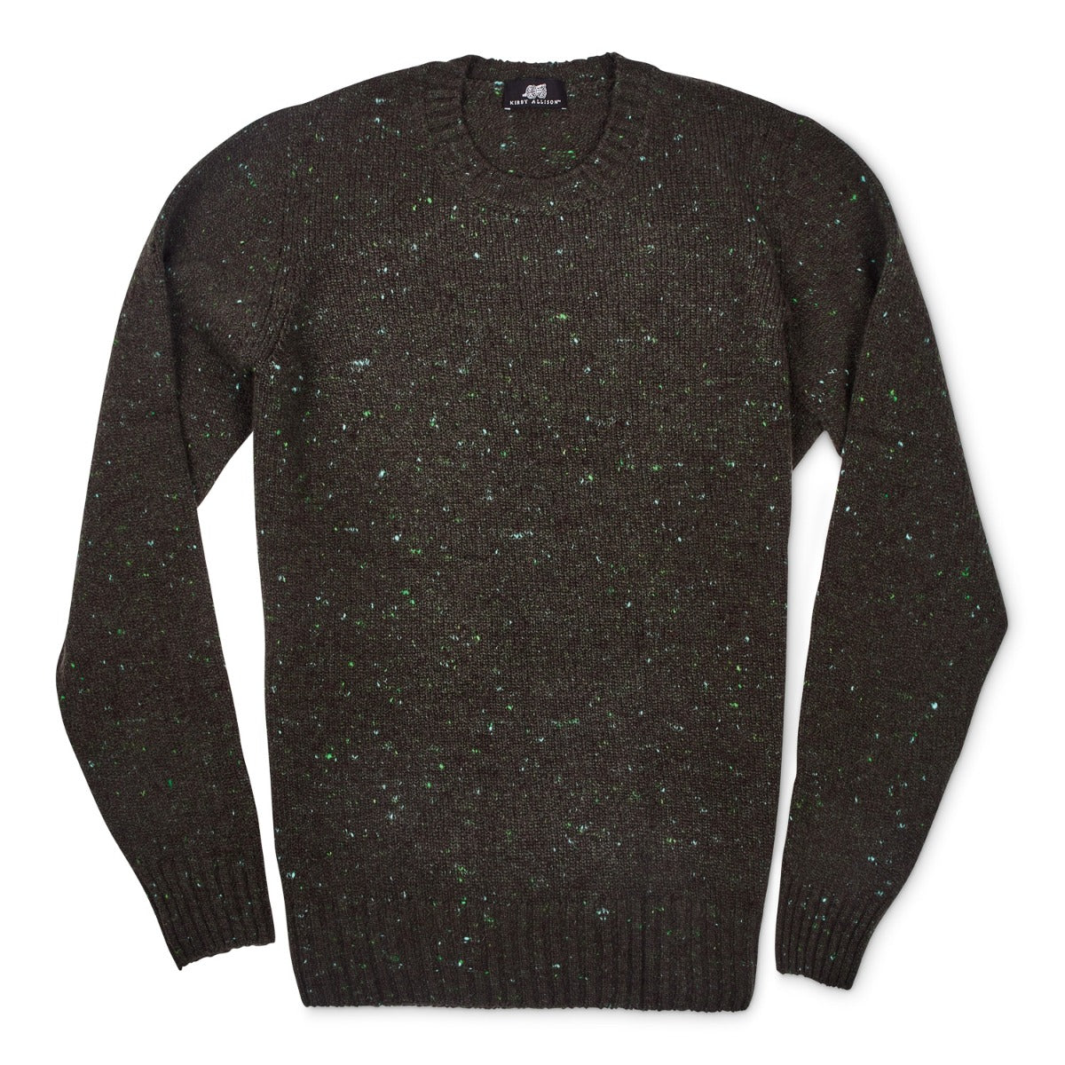 A Sovereign Grade Olive Donegal Crew Neck Sweater with green speckles inspired by the Aran Isles from KirbyAllison.com.