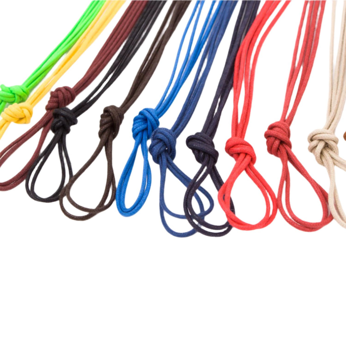 A group of Wellington Colored Round Waxed Shoelaces by KirbyAllison.com on a white background.