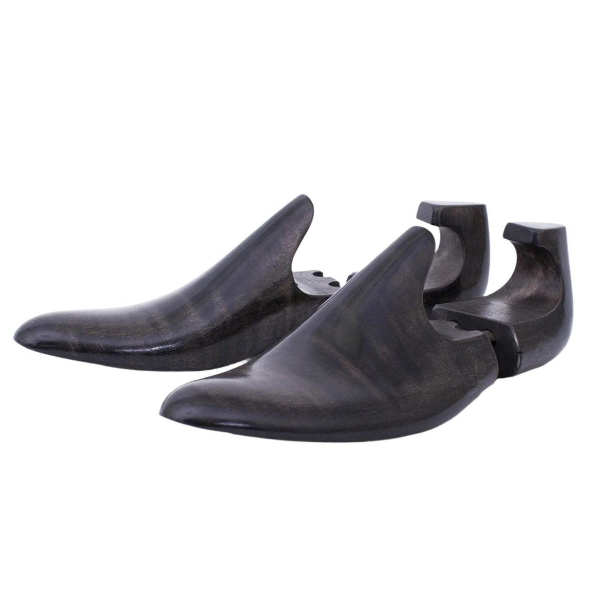 A pair of Wellington Luxury Ebony Maplewood Shoe Trees with a high-vamp on a white background from KirbyAllison.com.