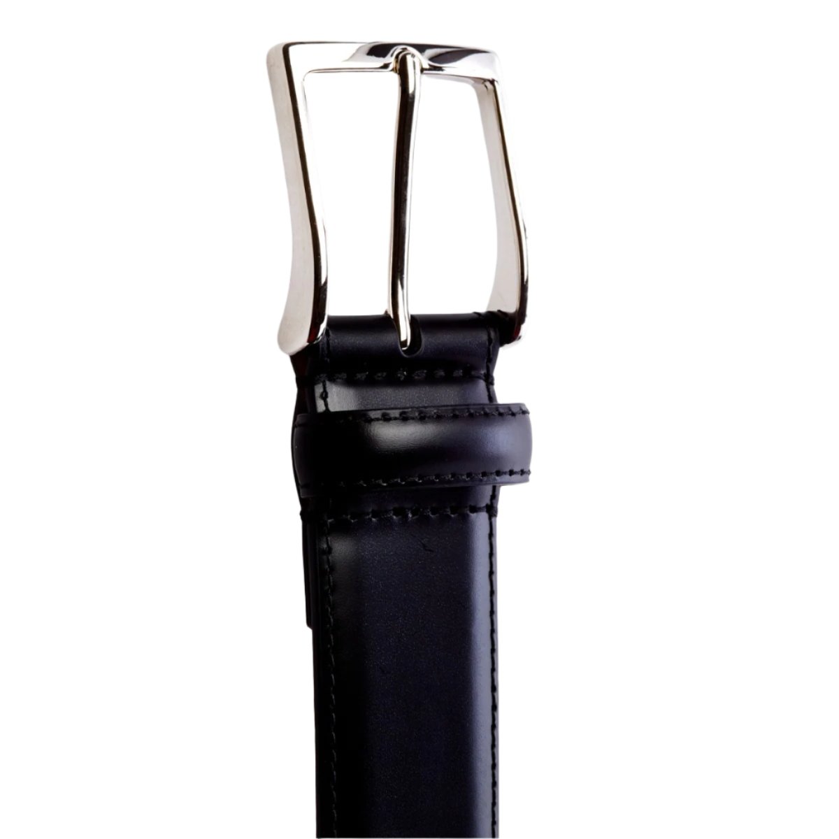 A Sovereign Grade Black Calfskin Dress Belt made from Italian calfskin by KirbyAllison.com on a white background.