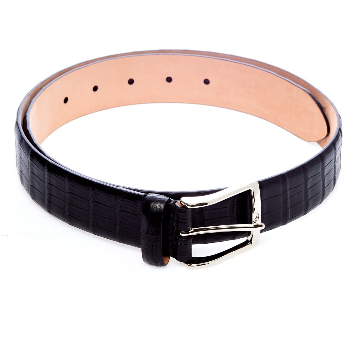 A Sovereign Grade Black Crocodile Belt from KirbyAllison.com with a satin finish on a white background.