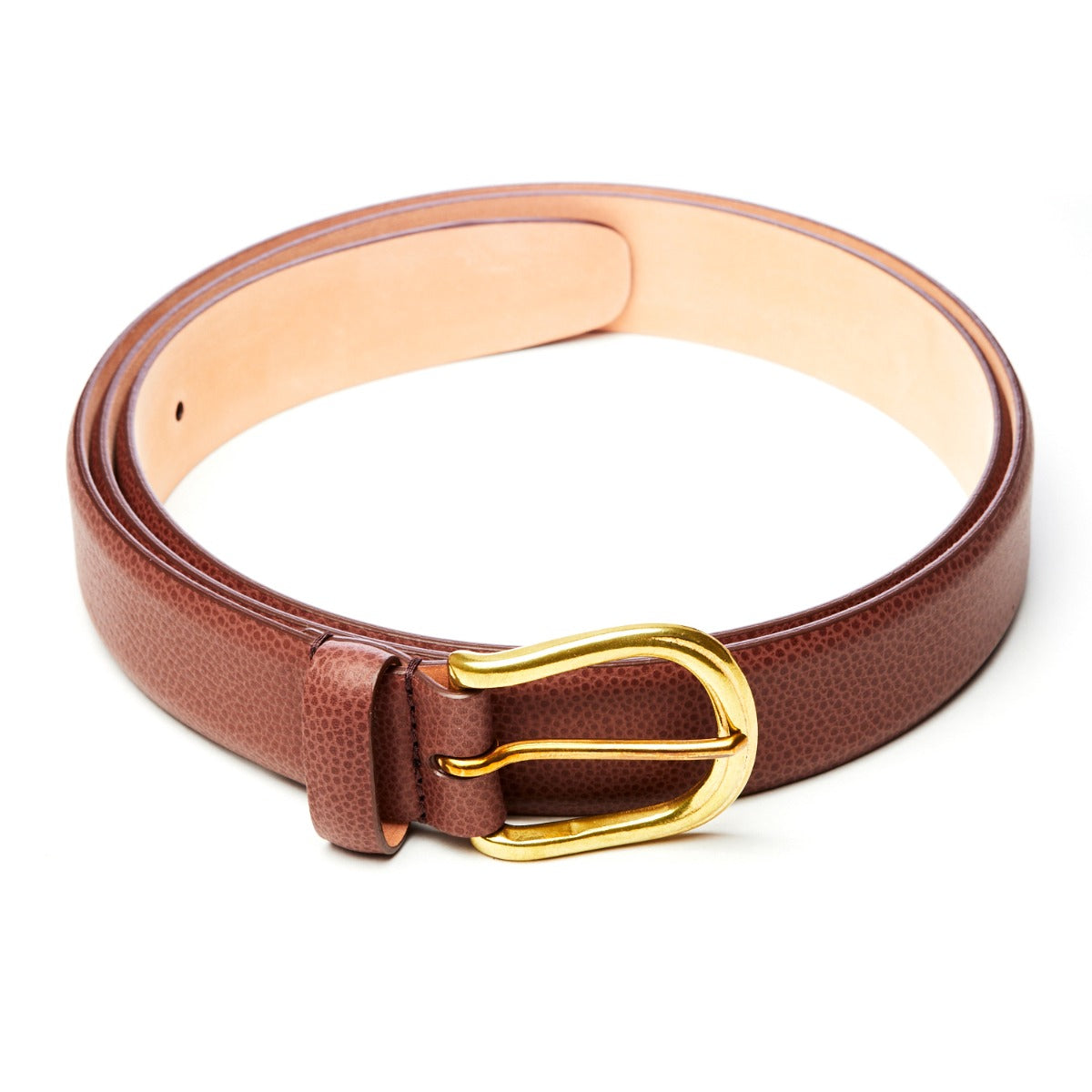 A handcrafted Sovereign Grade Brown Grained Calfskin Dress Belt by KirbyAllison.com with a gold buckle.