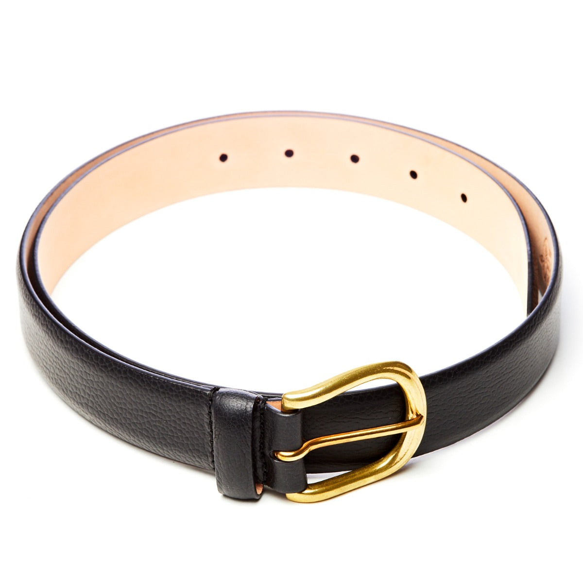 A Sovereign Grade Black Grained Calfskin Dress Belt with a gold buckle from KirbyAllison.com.