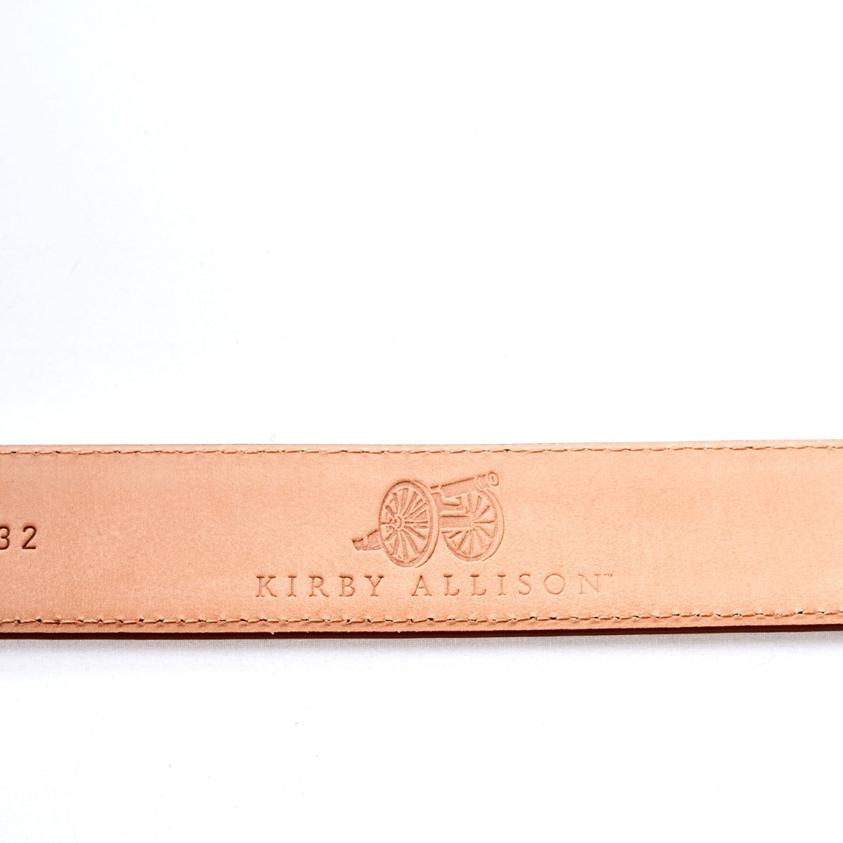 A handcrafted Sovereign Grade Light Brown Calfskin Dress Belt with the word KirbyAllison.com on it, made from Italian calfskin.