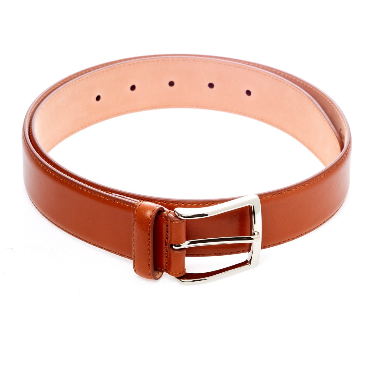 A handcrafted Sovereign Grade Light Brown Calfskin Dress Belt by KirbyAllison.com on a white background.