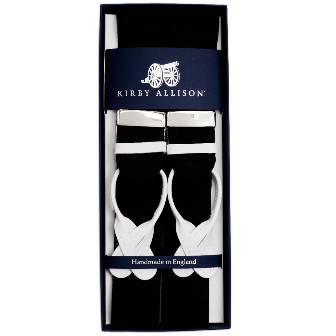 KirbyAllison.com Sovereign Grade Black Boxcloth Braces in a box.