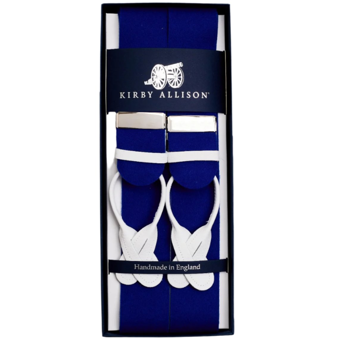 Adjustable Sovereign Grade Royal Blue Boxcloth Braces in a box from the United Kingdom from KirbyAllison.com.