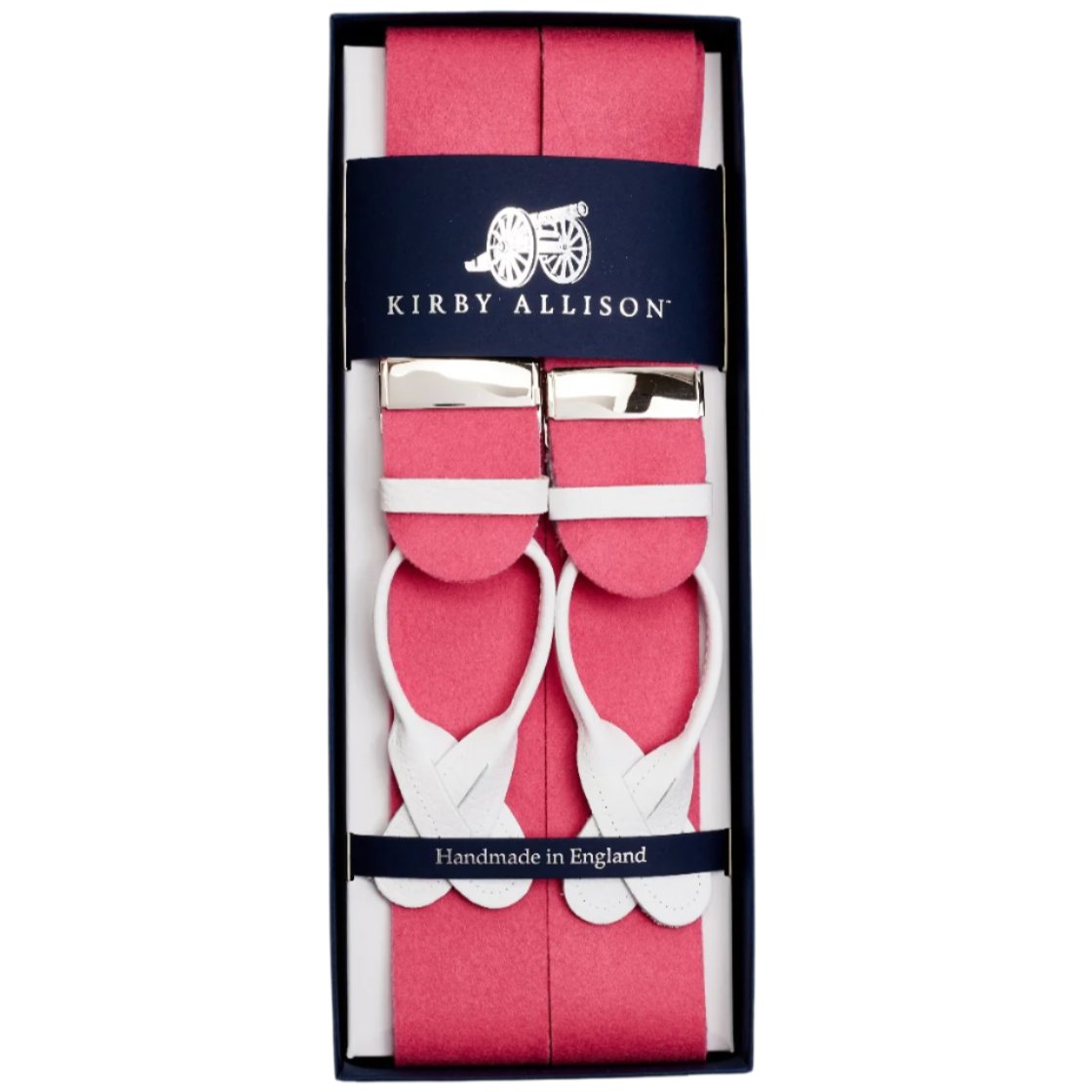 A pair of pink and white KirbyAllison.com Sovereign Grade Pink Boxcloth Braces.