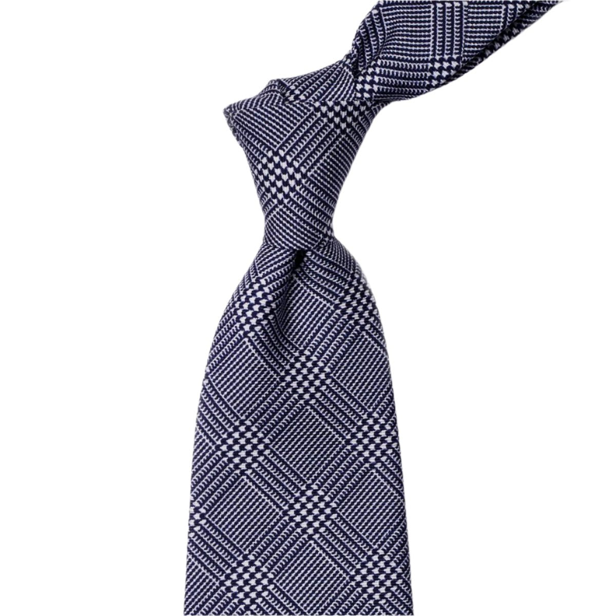 A handmade Sovereign Grade Navy Prince of Wales Check, 150 CM United Kingdom tie by KirbyAllison.com on a white background.