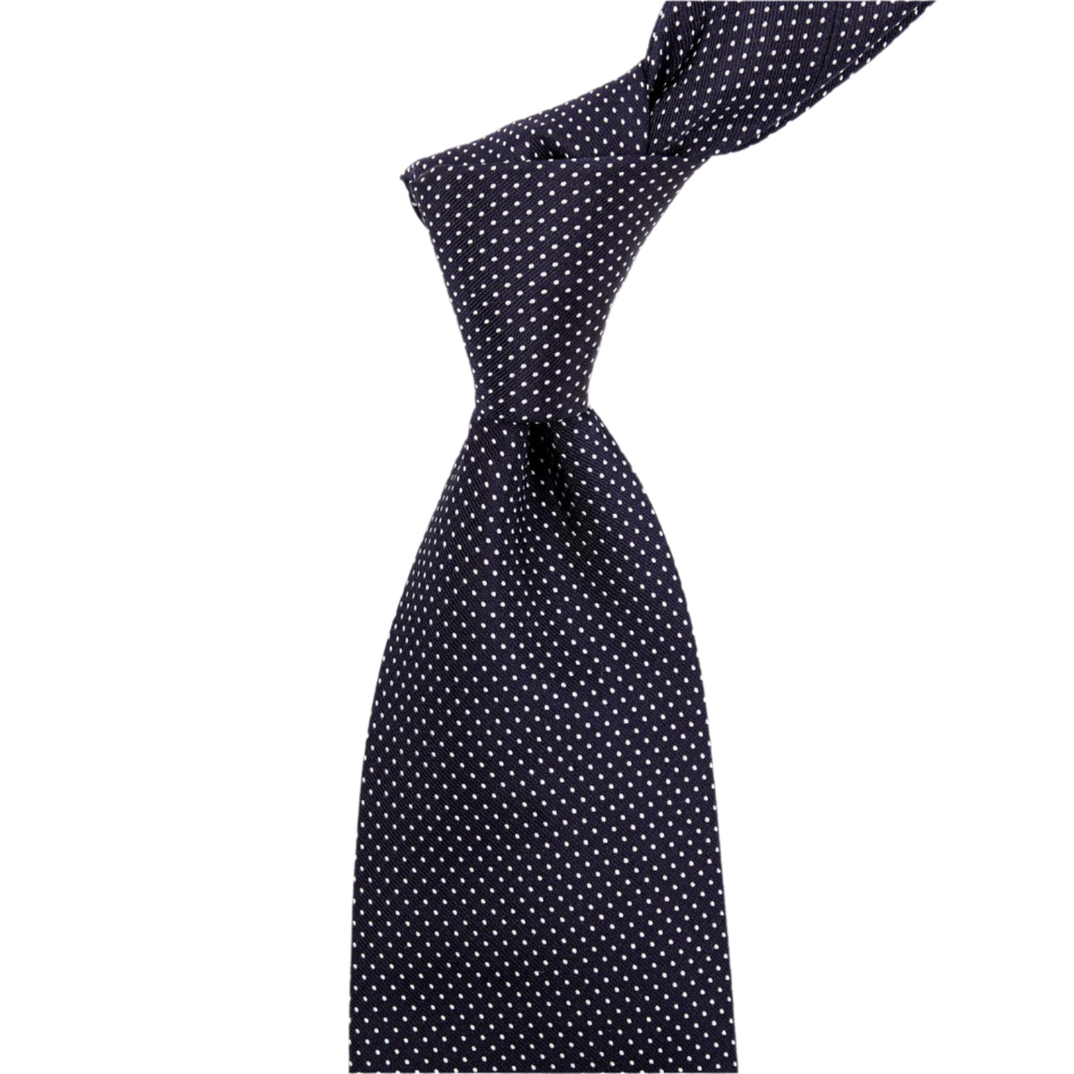 A quality handmade Sovereign Grade Navy Silk Micro Dot tie on a white background by KirbyAllison.com.