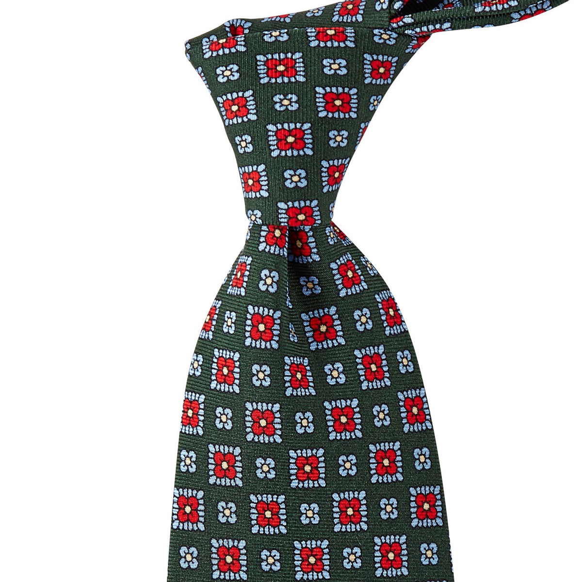 A green Sovereign Grade Forest 36oz Printed Silk Maccesfield tie with red and blue designs, handmade in the United Kingdom using 100% English silk by KirbyAllison.com.