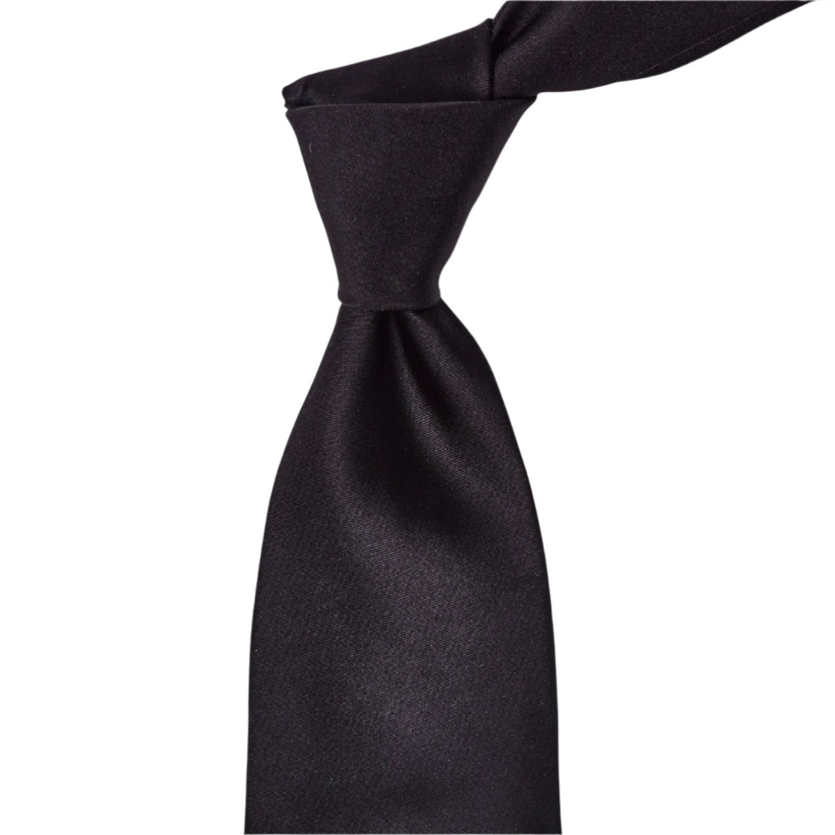 A handmade, 100% Sovereign Grade Black Solid Satin Tie from KirbyAllison.com on a white background.