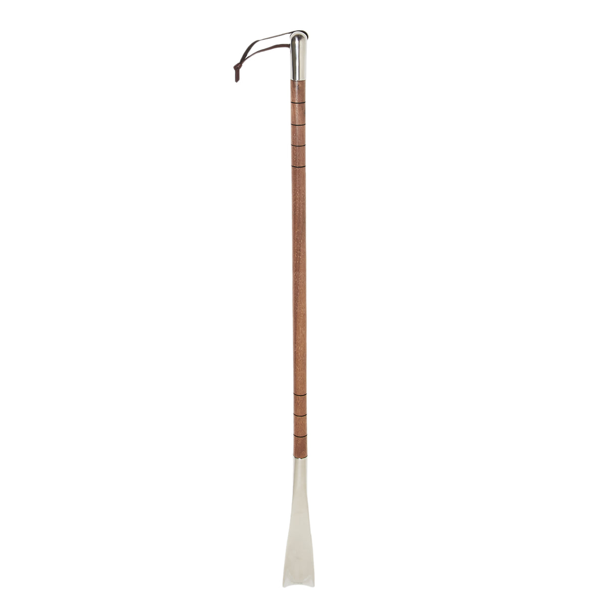 A KirbyAllison.com Walnut Full-Length Shoe Horn with a glossy finish on a white background.