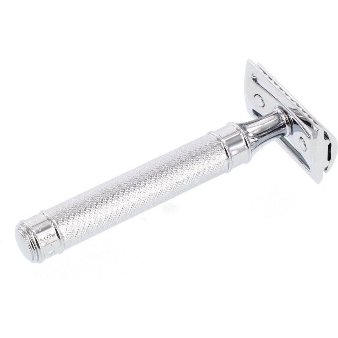 A stainless steel Mühle R89 Closed Comb Safety Razor from KirbyAllison.com on a white background.