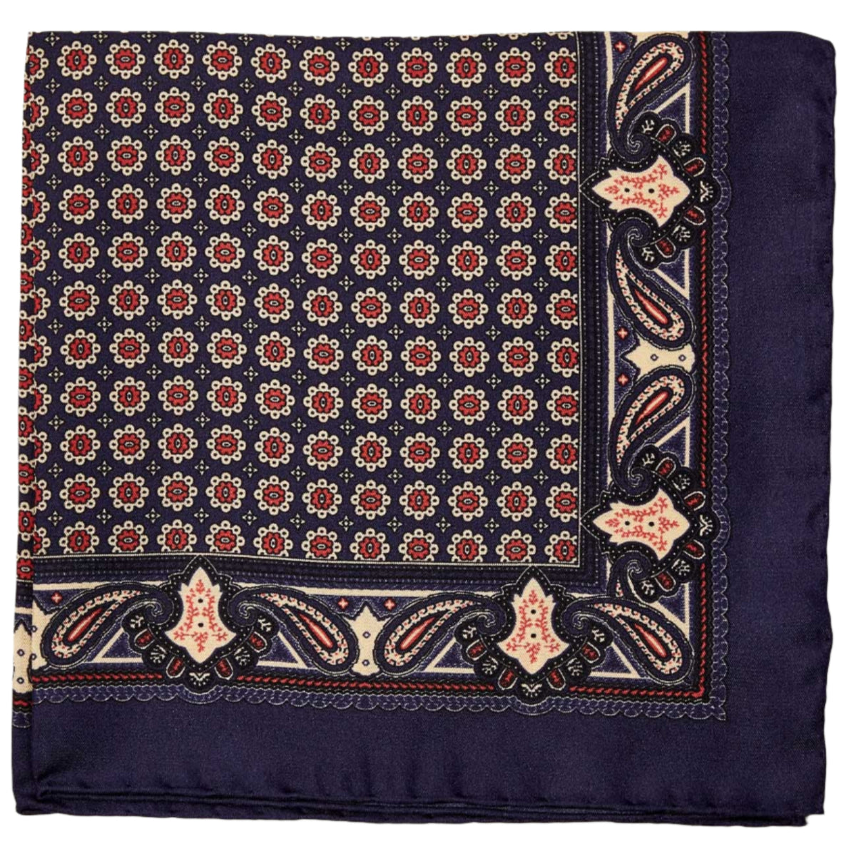 A formal outfit with a Sovereign Grade 100% Silk Navy Pocket Square from KirbyAllison.com featuring a blue paisley pattern on a white background.