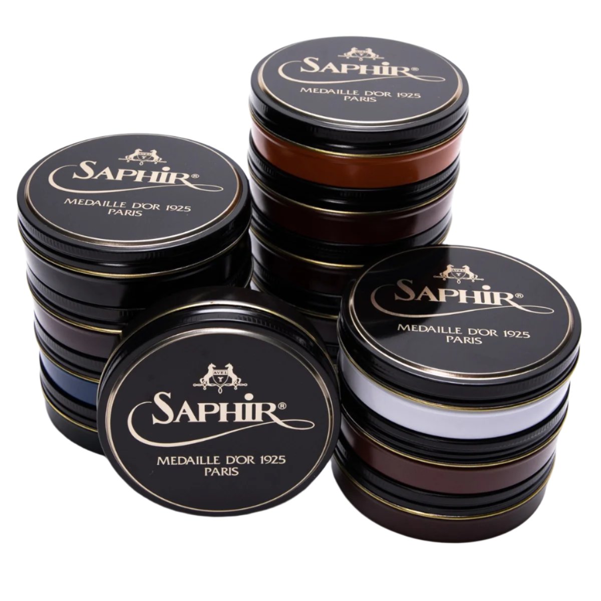 KirbyAllison.com Saphir Pate de Luxe Wax Shoe Polish 50 ml tins with black lids on a white background.