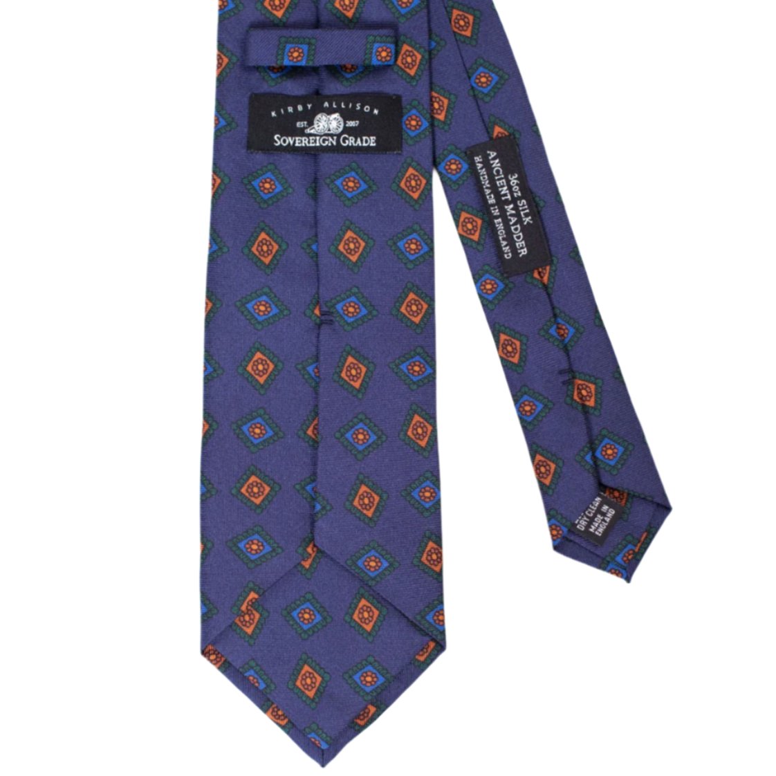 A quality Sovereign Grade Navy w/Green Art Deco Ancient Madder necktie from KirbyAllison.com with a purple, orange, and blue pattern.