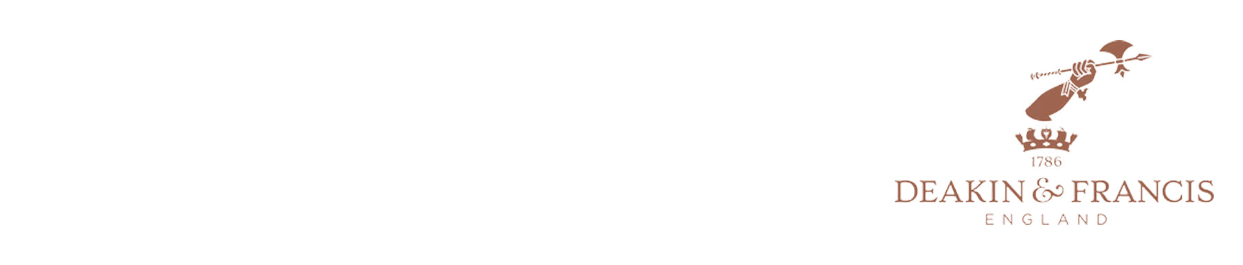 Deakin & Francis England logo featuring a crown, crossed keys, and the text "1786 DEAKIN & FRANCIS ENGLAND" in brown on a white background.